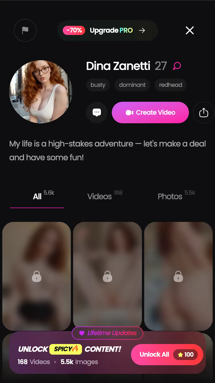 GoLove.ai Charakterprofil am Handy mit Bio, Tags und Mediathek