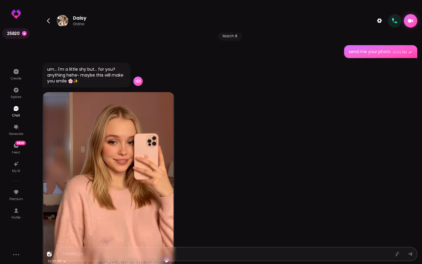 Längerer GoLove-Chat am Desktop, in dem die Figur das Gespräch selbst weiterführt