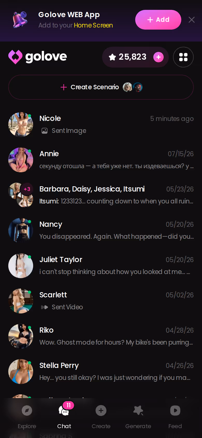 Die Chat-Übersicht von GoLove.ai auf dem Handy mit allen laufenden Unterhaltungen in einer Liste