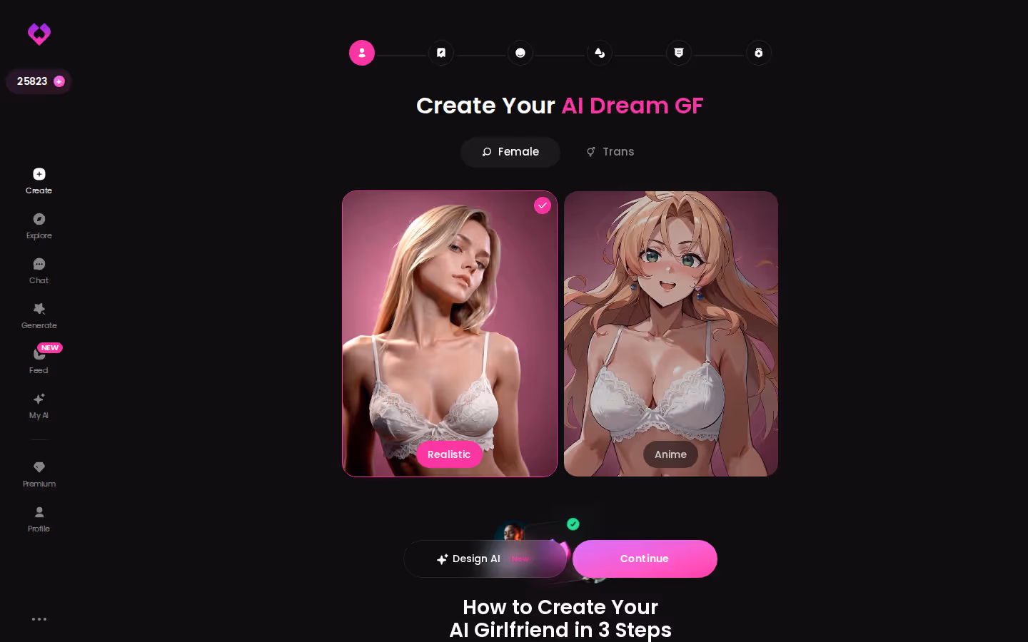 Start des Create-Wizards am Desktop — Auswahl zwischen Realistic, Anime und Trans, daneben Design with AI
