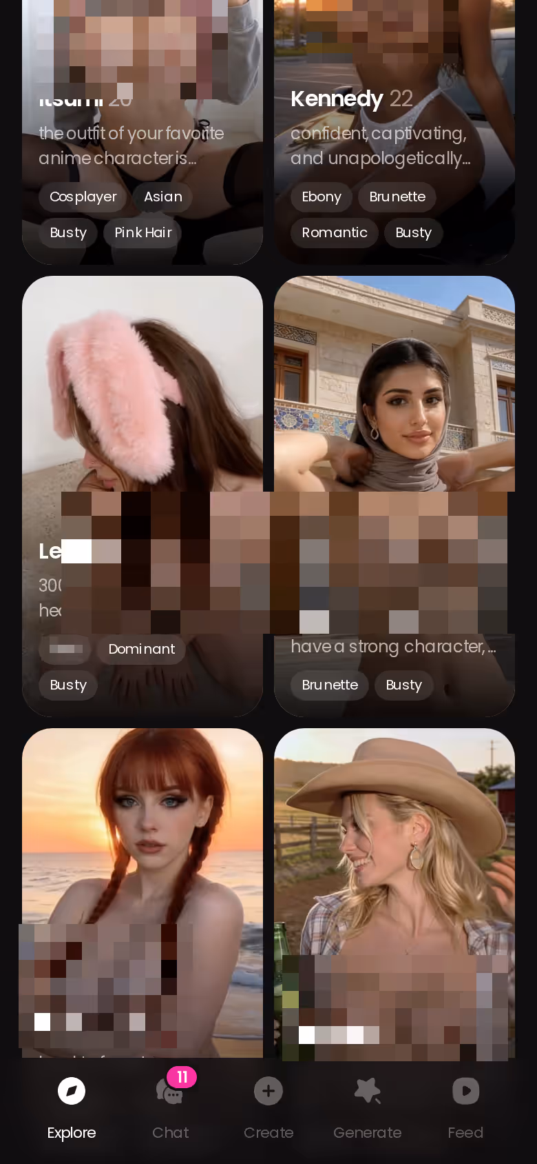 Explore-Bereich von GoLove.ai auf dem Handy mit realistischen KI-Figuren zur Auswahl