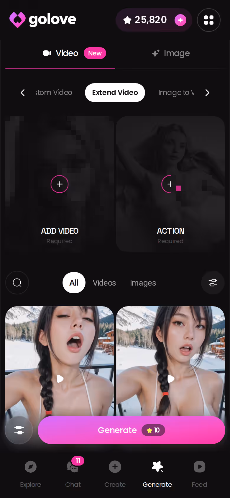 GoLove.ai Video-Generator auf dem Handy: Aktion, Kleidung und Szene wählen, dann ein Tipp
