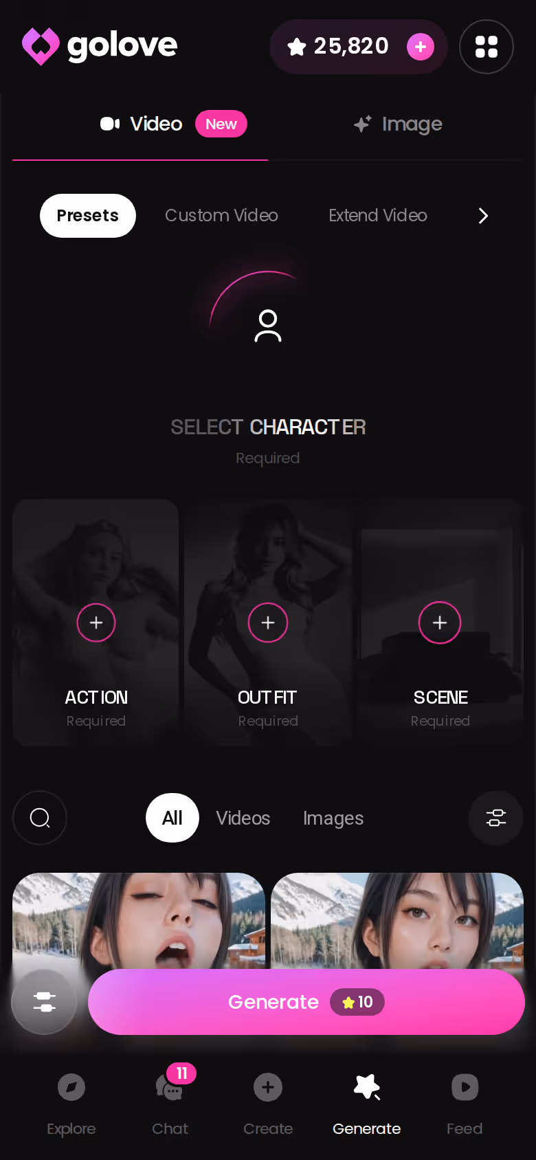 GoLove-Generator auf dem Handy — Video- und Bild-Tab nebeneinander, derselbe Charakter
