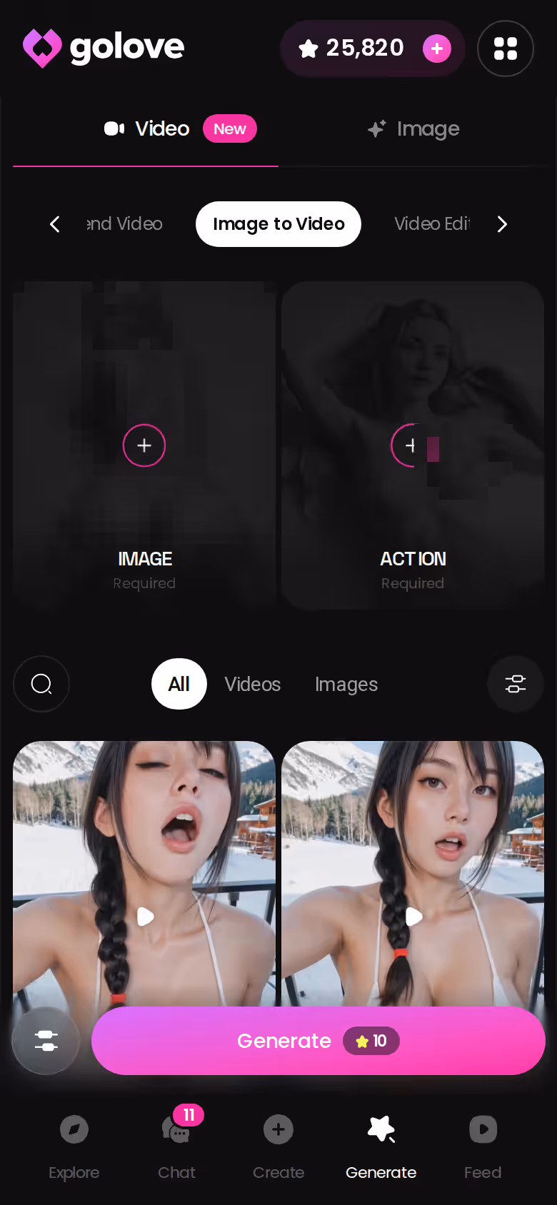 GoLove-Videogenerator auf dem Handy mit Vorlagenkarten für Aktion, Outfit und Szene, die mit einem Tipp zu einem Video werden