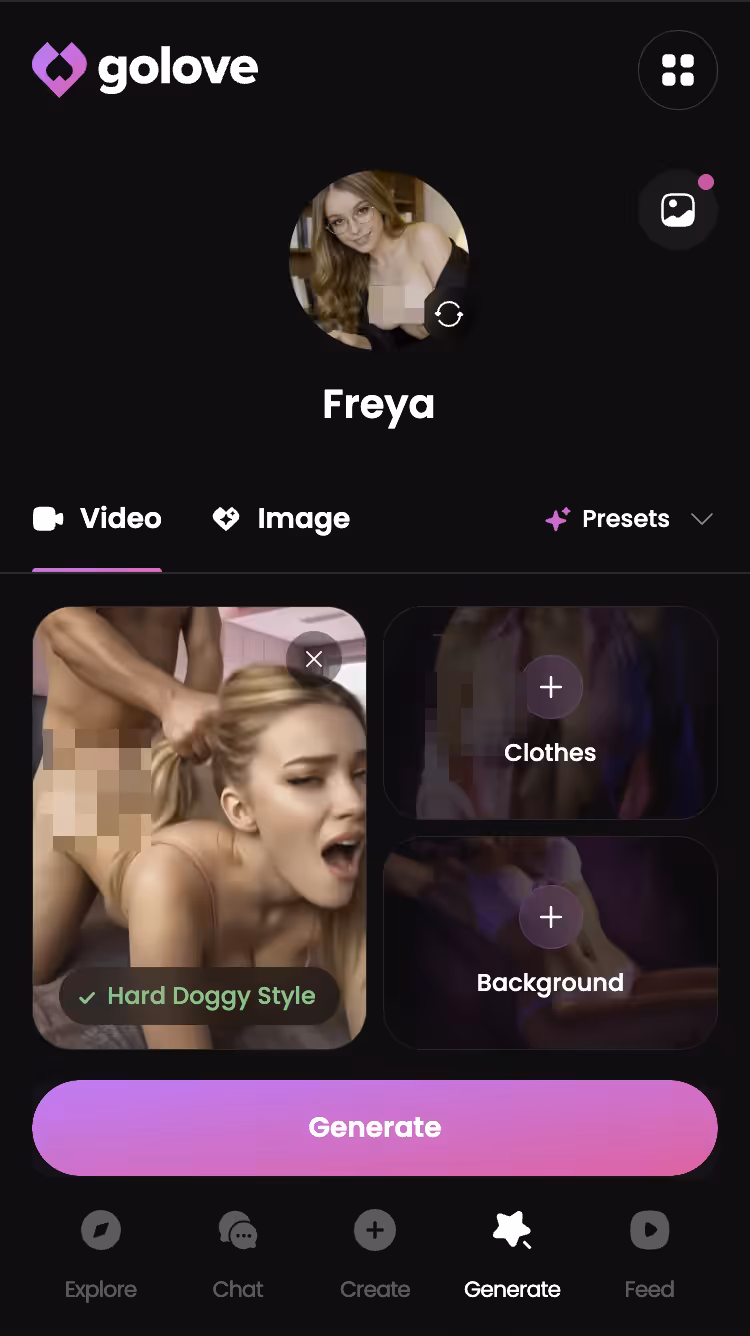 Video-Generator von GoLove.ai auf dem Handy mit Preset-Karten für Action, Kleidung und Hintergrund